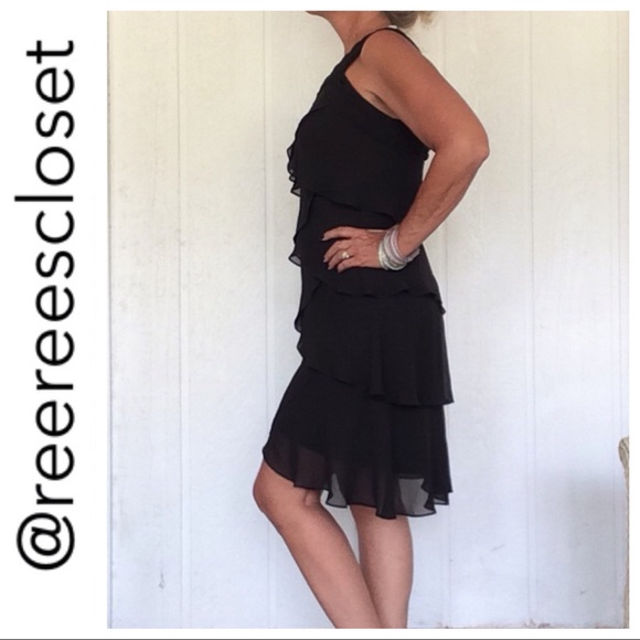 SL FASHIONS BLACK ONE SHOULDER TIERED DRESS SMALL - Picture 2 of 6
